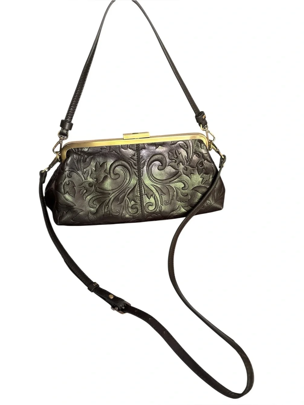 Gianni Conti embossed leather Framed Handbag KissLock Closure crossbody shoulder - Picture 6 of 9